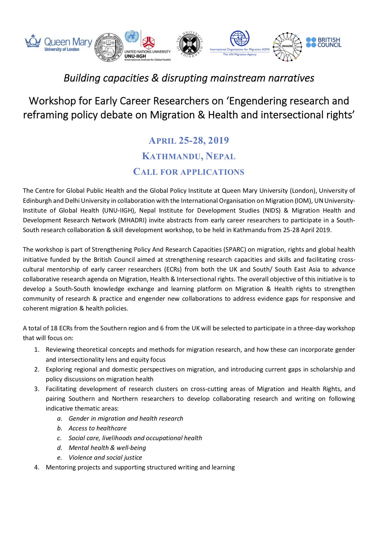[Call for applications] Early Career Researcher Workshop – ‘Engendering research and reframing policy debate on Migration & Health and intersectional rights’